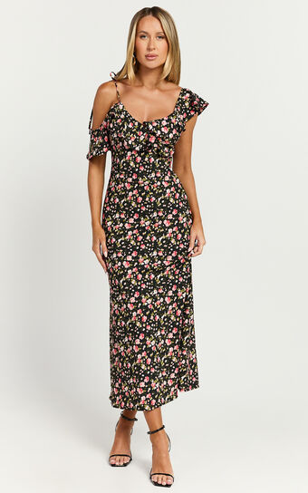 Giulia Midi Dress - One Shoulder Frill Detail Dress in Black Floral