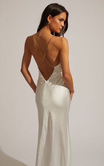 Cheche Maxi Dress - Chain Strap Plunge Bias Cut Satin Dress in Pearl