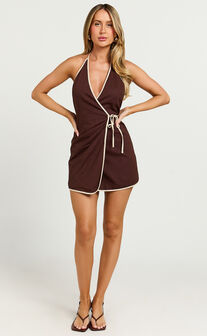 Connie Mini Dress - Linen Halter Neck Wrap Dress in Chocolate