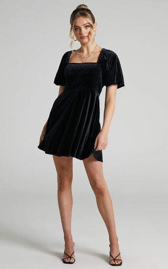 Andi Square Neck Puff Sleeve Mini Dress in Black Velvet