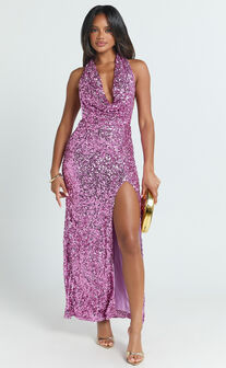 Julien Maxi Dress - Backless Cowl Plunge Neck High Split Sequin Dress in Pink