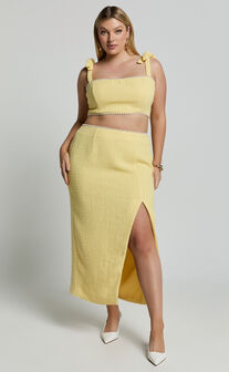 Mitzy Two Piece Set - Boucle Pearl Detail Crop And Faux Wrap Midi Skirt Set in Lemon