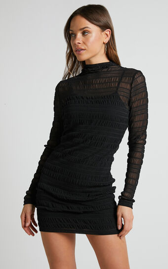 Rhialyn Mini Dress - Long Sleeve Sheer Dress in Black