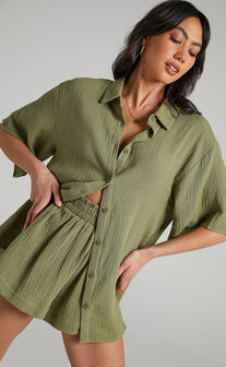 Atom Muslin Shirt - Oversized Button Up Shirt in Khaki