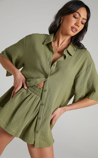 Atom Muslin Shirt - Oversized Button Up Shirt in Khaki