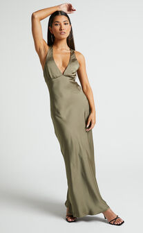 Khalani Midi Dress - Deep V Neck Satin Slip Dress in Dark Olive