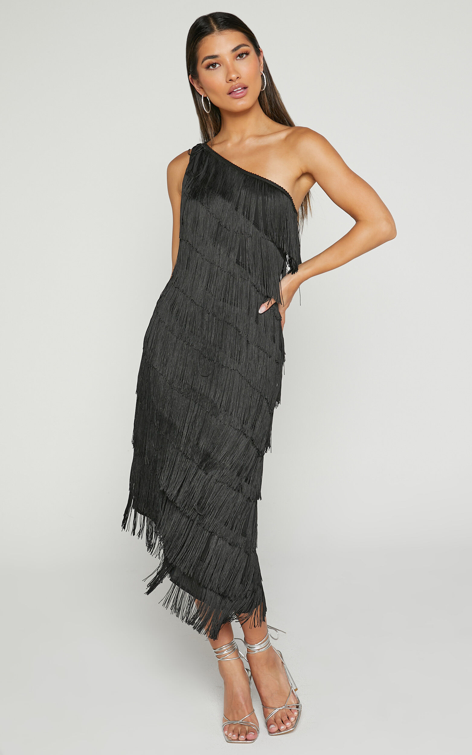 Odette Midi Dress - One Shoulder Fringing Detail in Black | Showpo USA