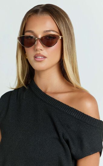 Makayla Sunglasses - Cat Eye Thin Rim Sunglasses in Gold/Brown
