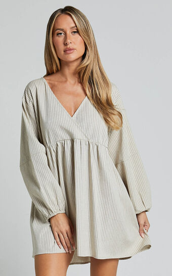 Laurenna Mini Dress - Linen V Neck Long Sleeve Back Keyhole Smock Dress in Natural Stripe