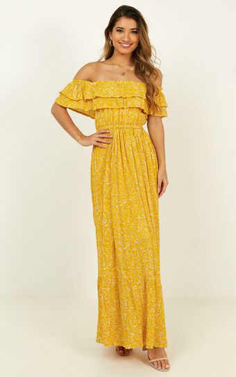Notre Dame Off Shoulder Maxi Dress in Yellow Floral