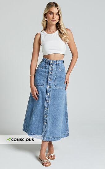 Alisa Midi Skirt - Button Through A Line Denim in Mid Blue Wash