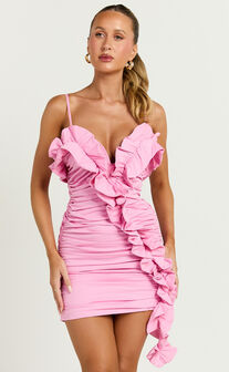 Dawson Mini Dress - Off Shoulder Ruffle Front Ruched Dress in Dusty Pink