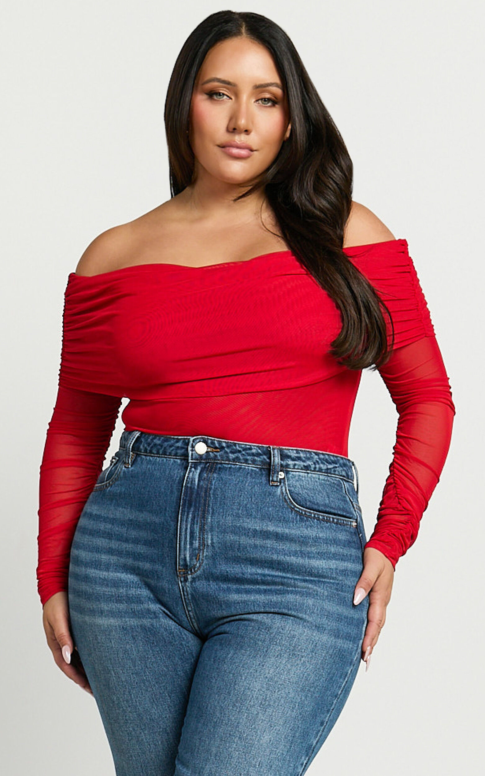 Jaythen Bodysuit - Long Sleeve Off Shoulder Ruched Mesh Bodysuit in Red ...