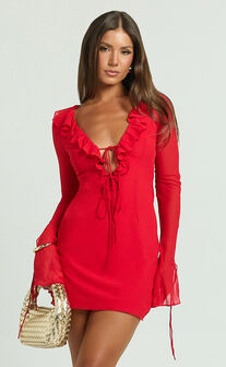 Alesya Mini Dress - Ruffle Plunge Neck Long Sleeve Tie Detail Dress in Red