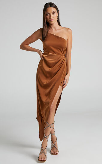 Parker Midi Dress - Asymmetric Drape Front One Shoulder Dress in Bronze