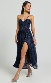 Sara Midi Dress - Ruched Bodice Lurex Dress in Navy
