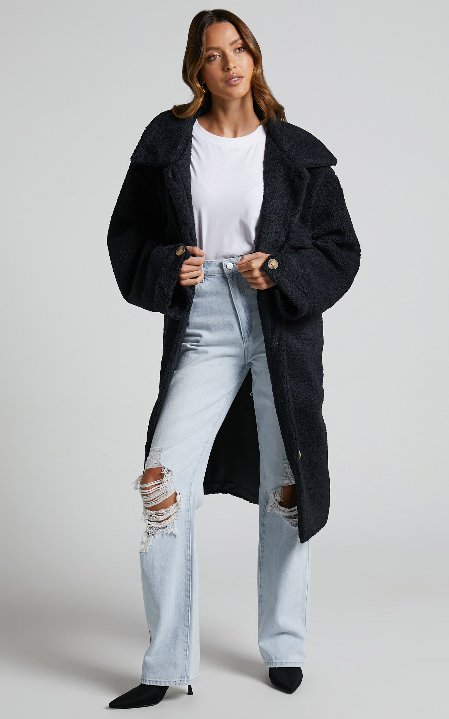 Maddie Coat Longline Teddy Coat in Black