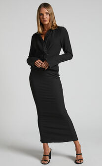 Althea Top - Knot Front Long Sleeve Top in Black