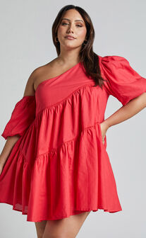 Harleen Mini Dress - Linen Look Asymmetrical Trim Puff Sleeve Dress in Red