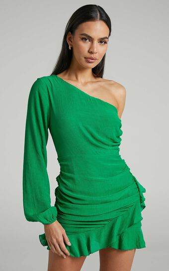 Paige Mini Dress - One Shoulder Frill Hem Wrap Skirt Dress in Green Showpo