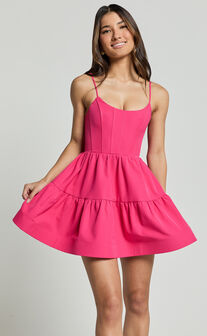 Zelda Mini Dress - Corset Front Tiered Lace Up Mini Dress in Pink