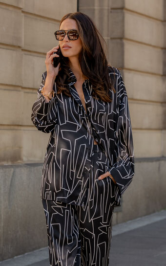 Janissa Shirt - Long Sleeve Satin Shirt in Black and White Linear