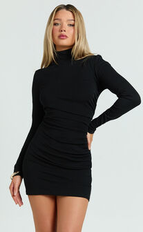 Carla Mini Dress - Rolled High Neck Bodycon Dress in Black
