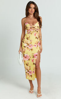 Janice Midi Dress - Knot Detail Front Split Dress in Sunshine Floral