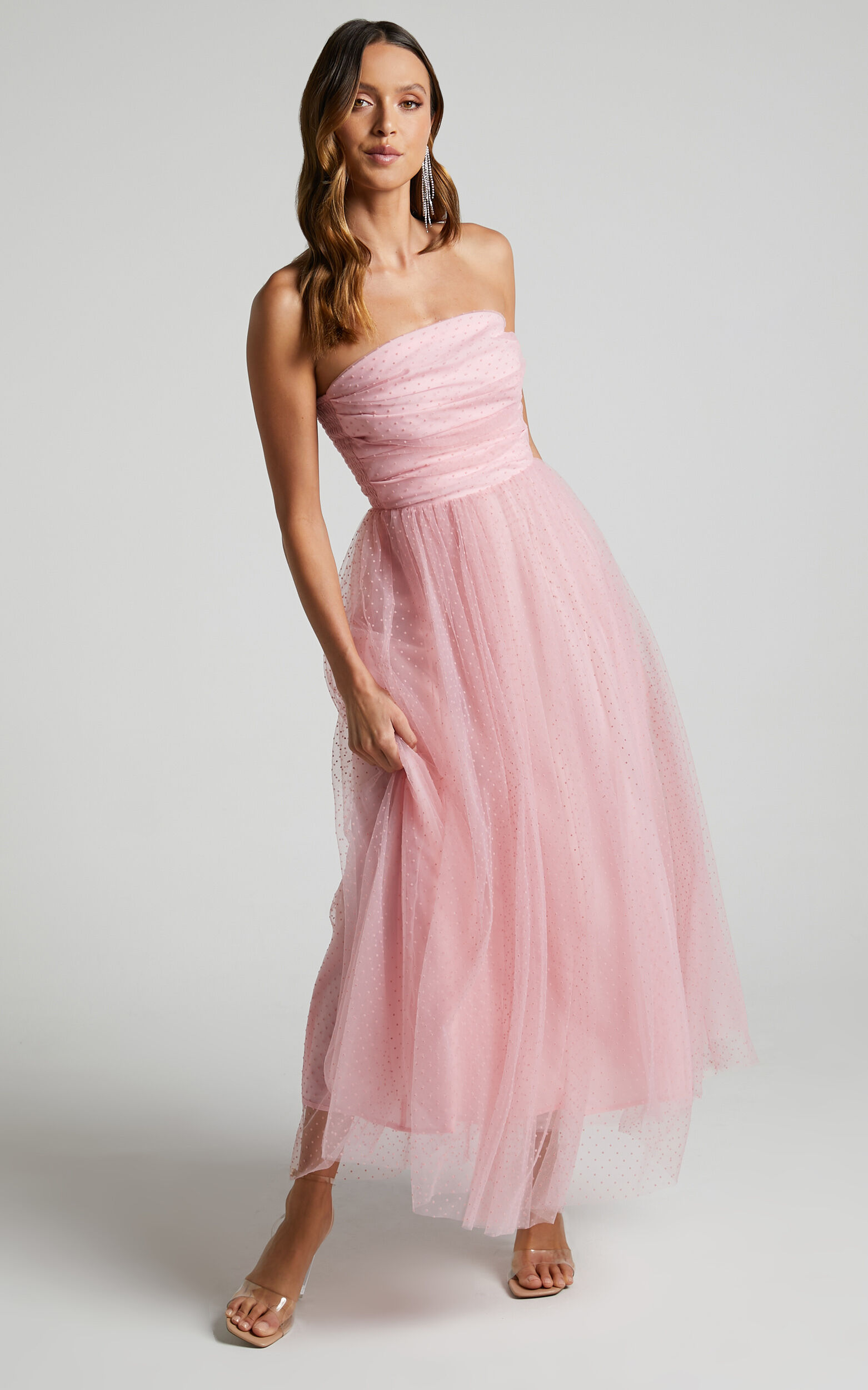 Tulle midi cheap ruched dress