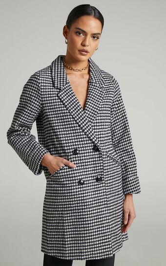 Hermeena Coat - Linen Look Double Breasted Longline Coat in Black/White check