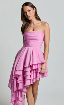 Amalie The Label - Everly Strapless Asymmetrical Tiered Mini Dress in Pink