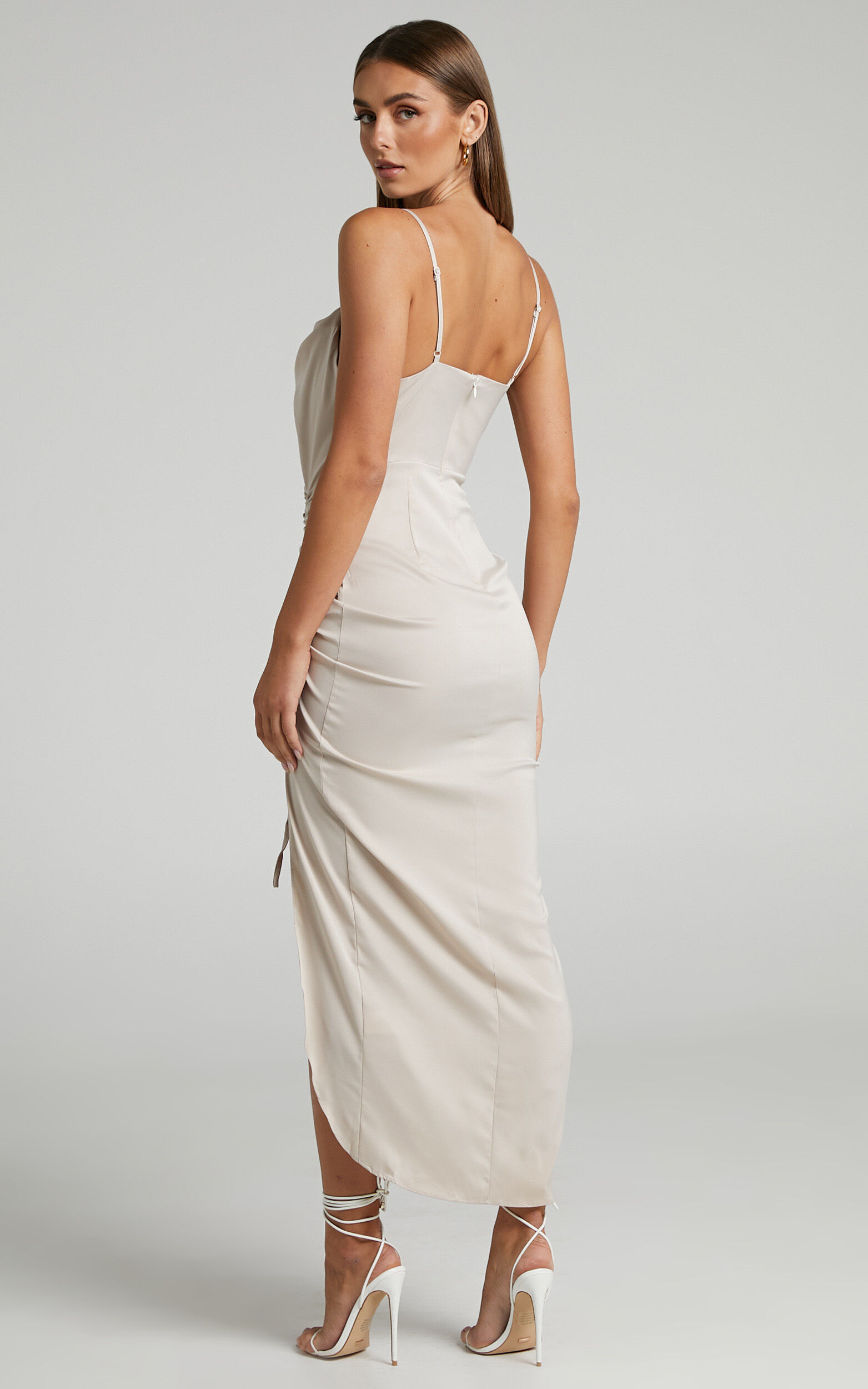 Cowl play cowl neck satin midi dress 2025 in oyster white