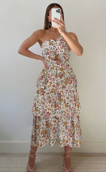 Caro Midi Dress - One Shoulder Tiered Dress in Multi Floral