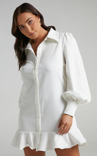 Mica Mini Dress - Frill Hem Balloon Sleeve Shirt Dress in White