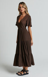 Cryzel Midi Dress - Flutter Sleeve Tiered Dress in Chocolate | Showpo