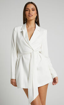 Amalie The Label - Lotte Linen Blend Tie Waist Wrap Blazer Dress in White