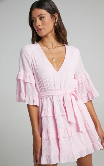 Meet Me In The Sun Mini Dress - Tie Waist Tiered Dress in Pink