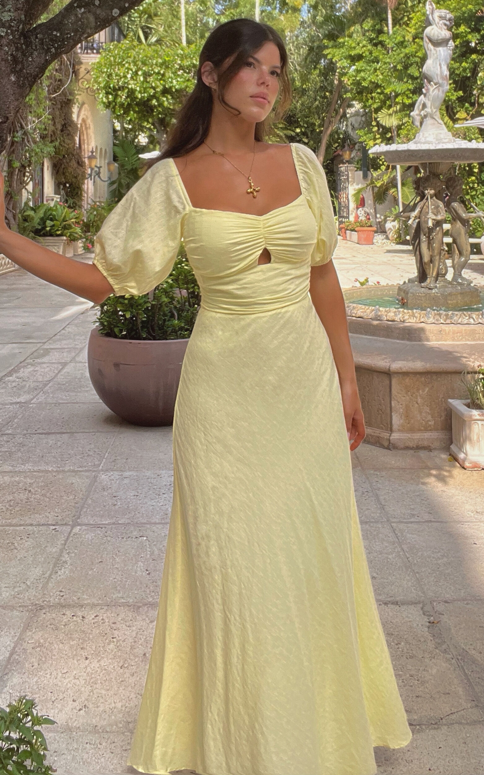 Vynna Midi Dress Scoop Neck Puff Sleeve Ruched Bust A Line Dress in Butter Yellow