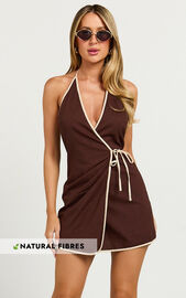 Connie Mini Dress - Linen Halter Neck Wrap Dress in Chocolate | Showpo USA
