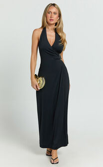 Roseville Maxi - Wrap Front Halter Dress with Hardware Detail in Black