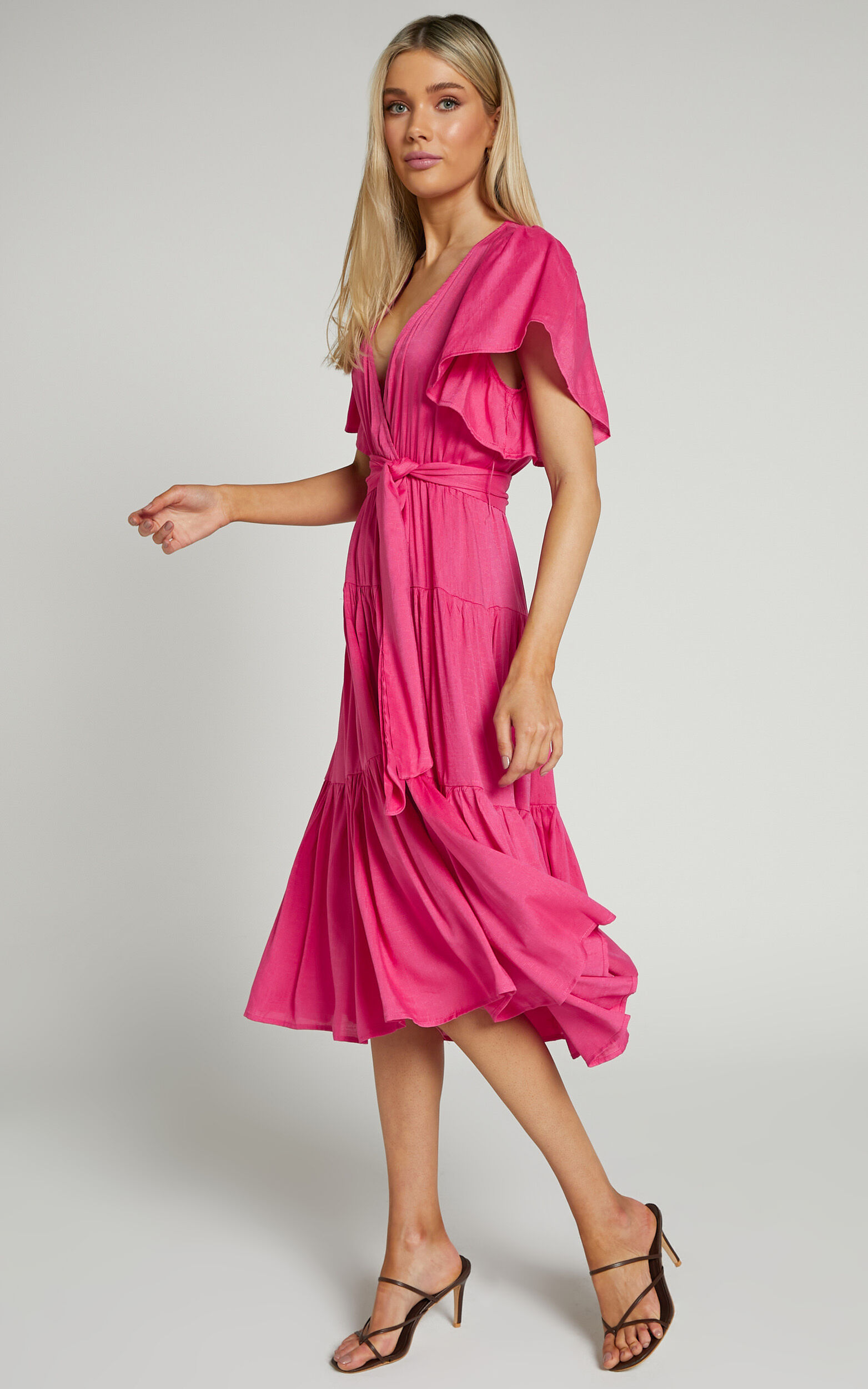 Marielle Midi Dress - Wrap Bodice Tiered Belted Dress in Pink | Showpo USA