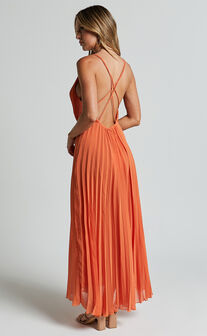 Brylee Midi Dress - Satin Pleated Wrap Dress in Orange