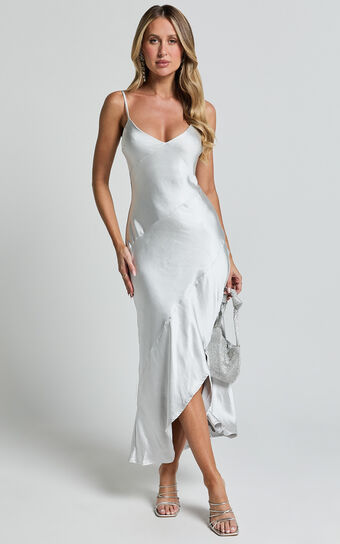 Ylona Maxi Dress - Asymmetric Draped Bias Cut Satin Slip Dress in Oyster