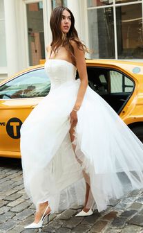 Selene Maxi Dress - Strapless Corset Gathered Skirt Dress in White