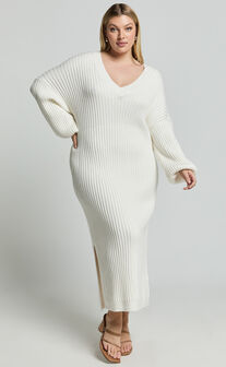 Kartia Midi Dress - V Neck Knit Dress in Off White