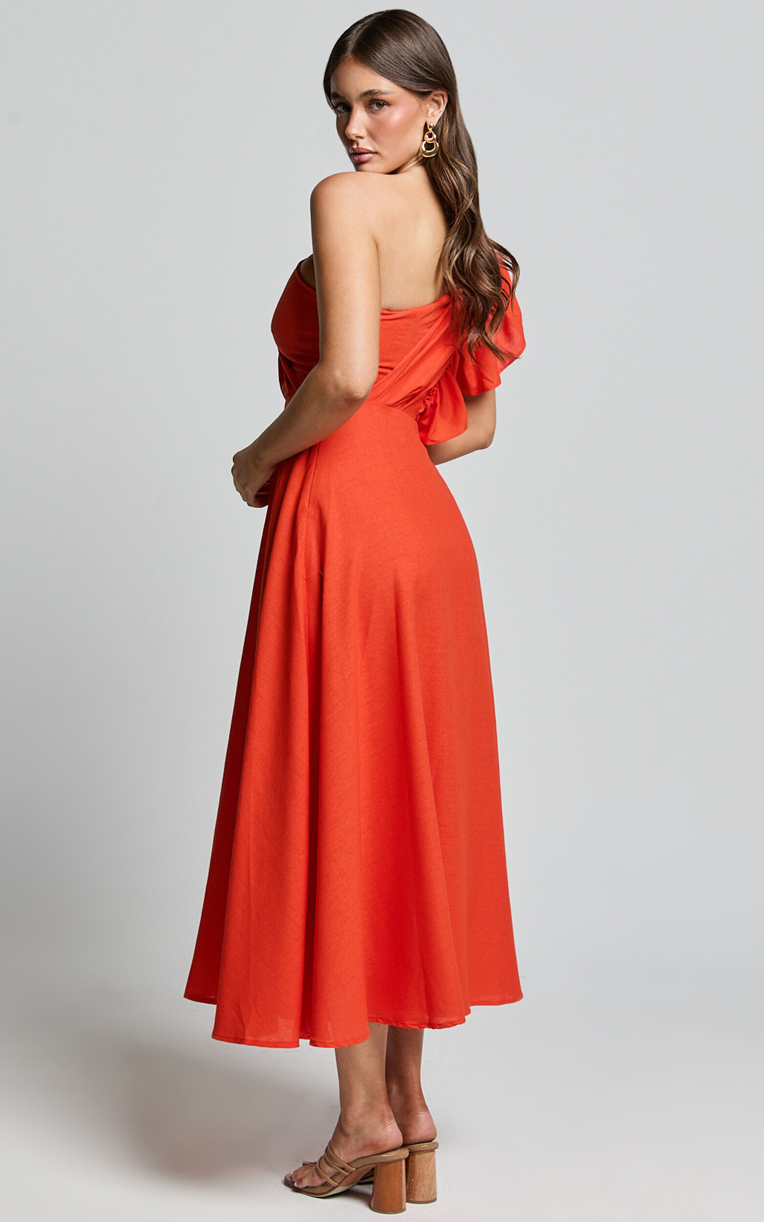 Dixie Midi Dress - Linen Look One Shoulder Ruffle Dress in