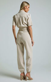 Coco Jumpsuit - Collared Short Sleeve Straight Leg Jumpsuit in Stone | Showpo USA
