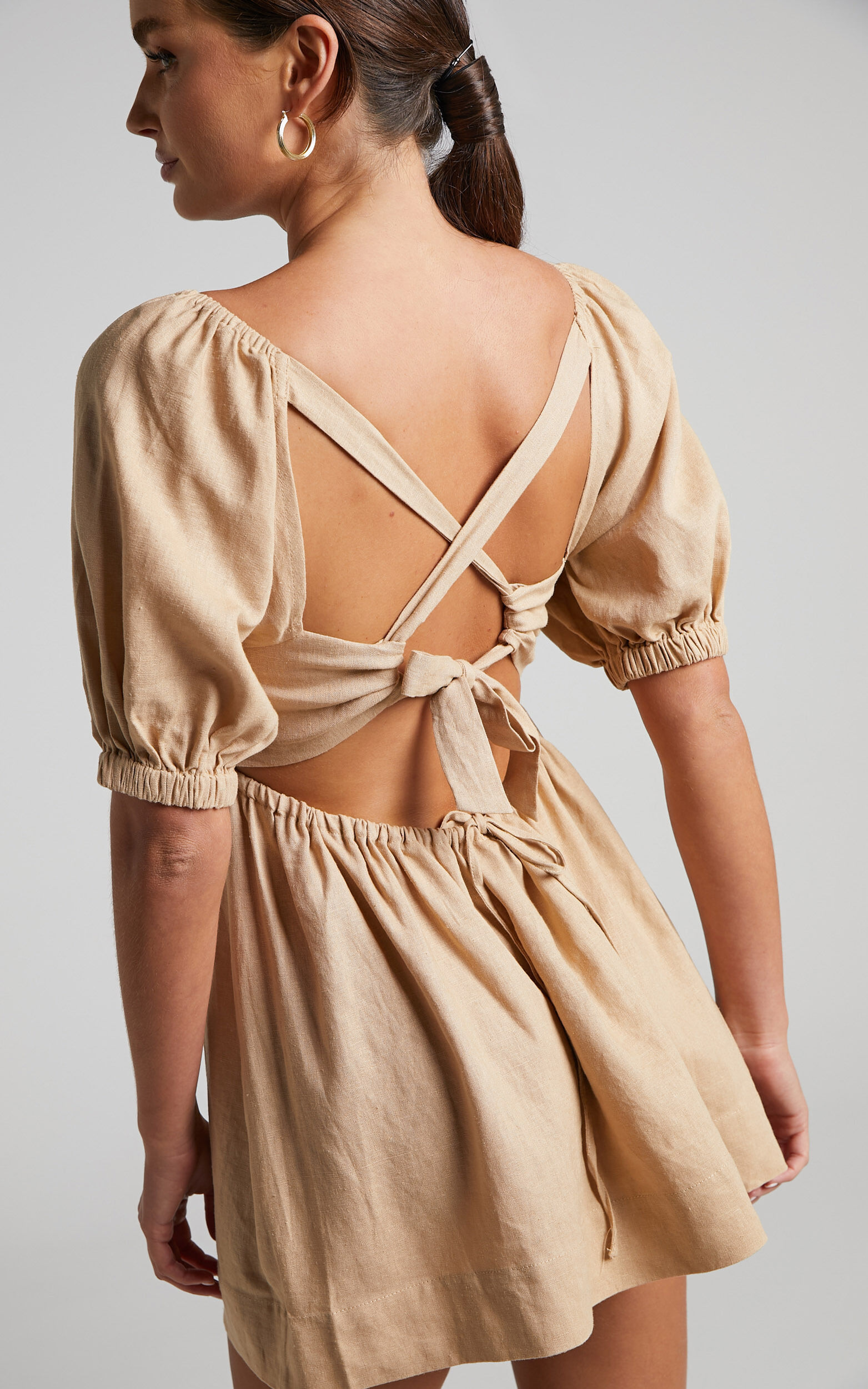 Matty Mini Dress - Linen Strappy Back Puff Sleeve Baby Doll Matty Mini Dress - Linen Strappy Back Puff Sleeve Baby Doll
