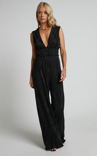 Armida Jumpsuit - Plunge Neck Wide Leg Plisse Jumpsuit in Black