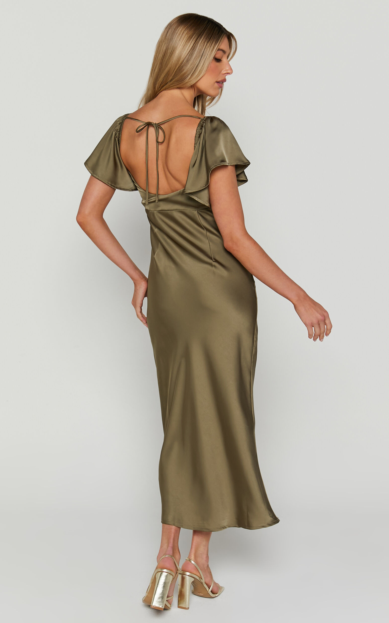 Emberlynn Midi Dress - Flutter Sleeve Cut Out Satin Dress in Dark Olive ...